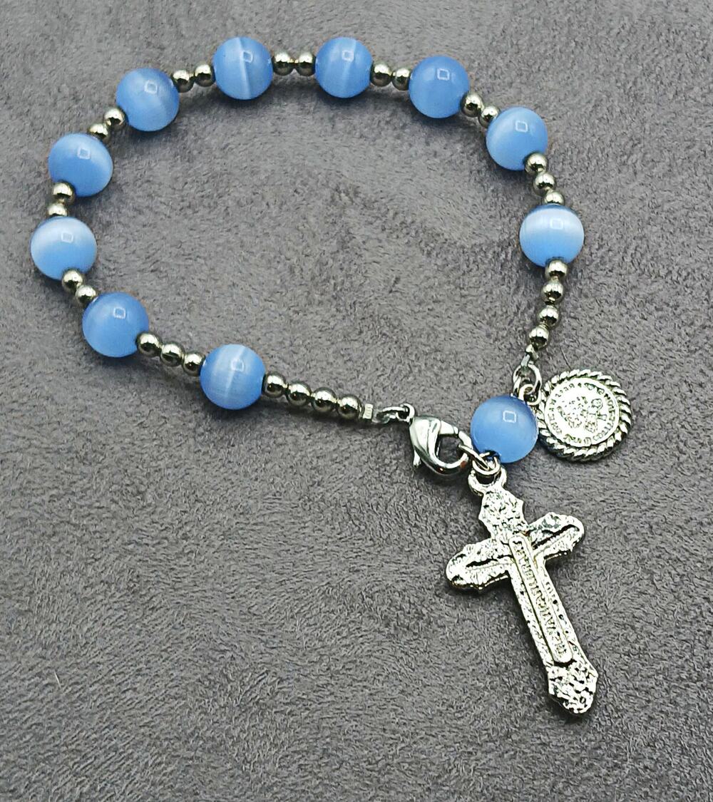 Blue Cats Eye Gemstone Beaded Rosary Bracelet